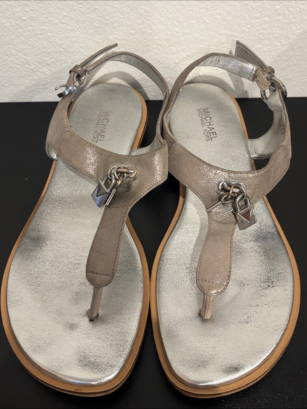 Michael Kors Metallic Taupe Leather T-Strap Sandals